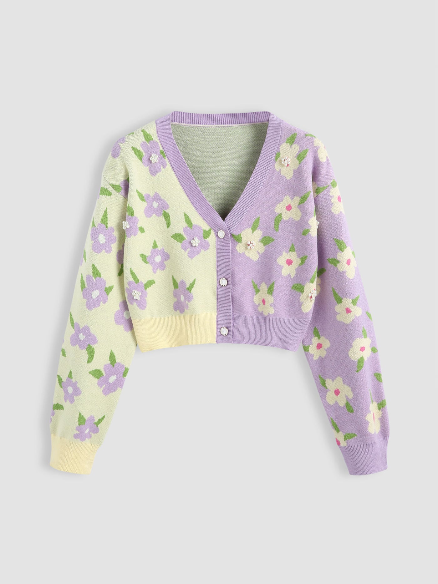 Cider Two Tone Button Up Floral Faux Pearl Cardigan