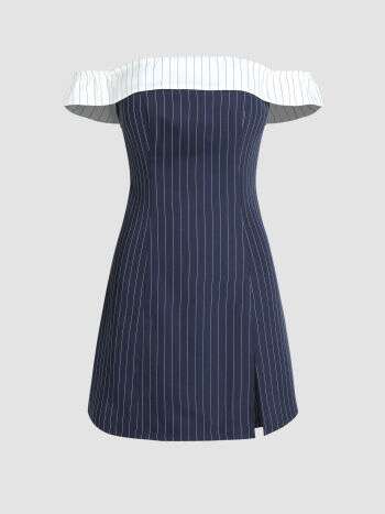 Cider Off-shoulder Stripe Split Mini Skirt