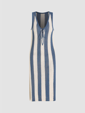 Cider Knit Stripe U-neckline Split Bowknot Tank Maxi Dress