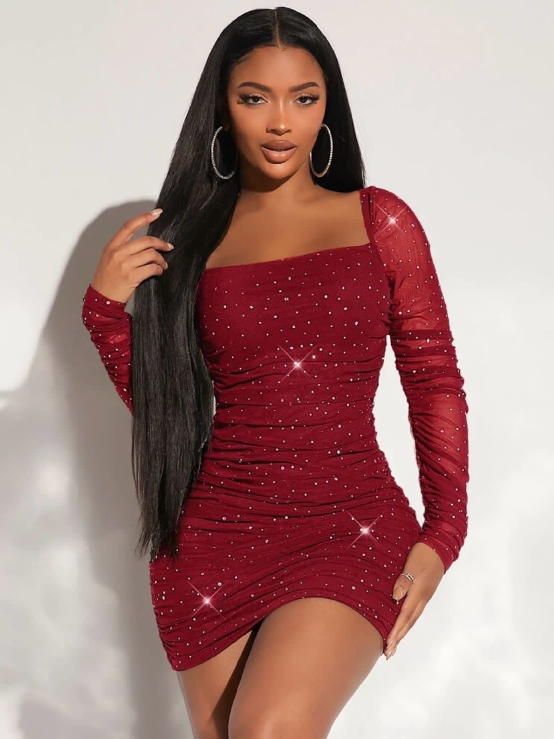 Ruched Sequin Mesh Bodycon Dress - 0453