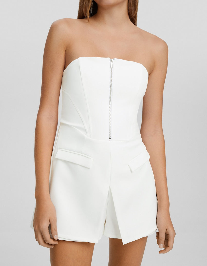 Bershka Tailored bandeau playsuit with zip