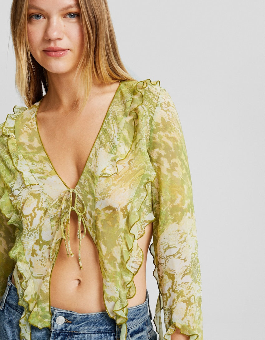 Bershka Long sleeve chiffon blouse with ruffles and print