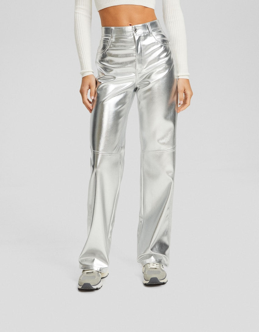 Bershka Faux leather straight fit trousers