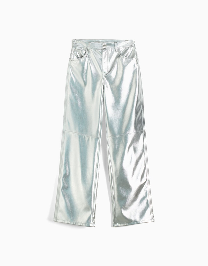 Bershka Faux leather straight fit trousers