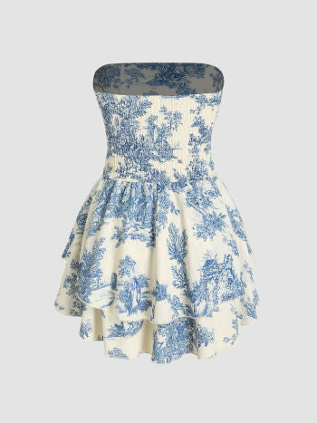 Cider Toile de Jouy Shirred Ruched Mini Dress