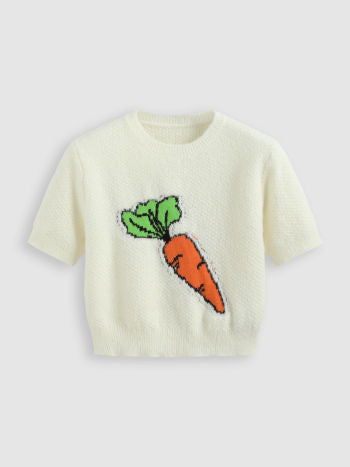 Cider Knit Round Neckline Carrot Graphic Short Sleeve Top
