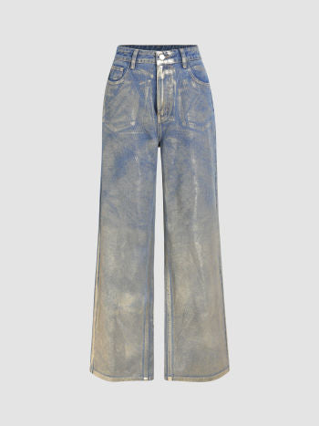Cider Metallic Denim High Waist Pocket Wide Leg Jeans