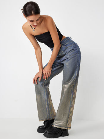 Cider Metallic Denim High Waist Pocket Wide Leg Jeans