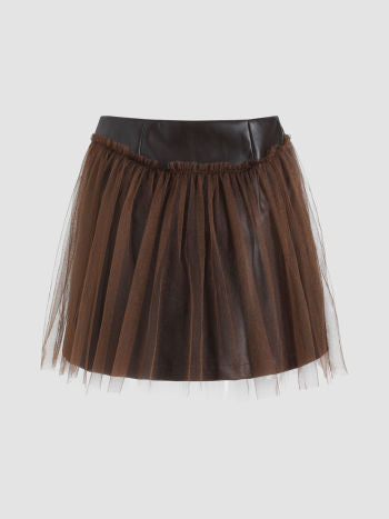 Cider Vegan Leather Patchwork Tulle Mini Skirt