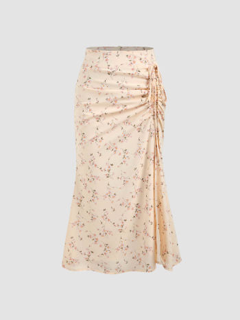 Cider Floral Drawstring Split Midi Skirt