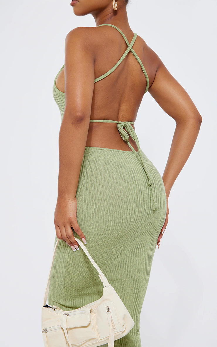 PRETTY LITTLE THING SAGE GREEN TEXTURED RIB STRAPPY BACK MAXI DRESS