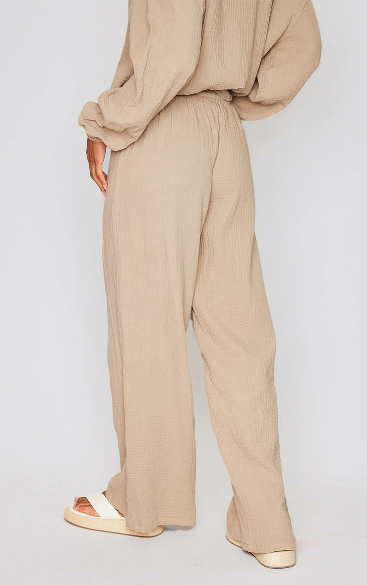 PRETTY LITTLE THING STONE TEXTURED CHEESECLOTH WIDE LEG TROUSERS