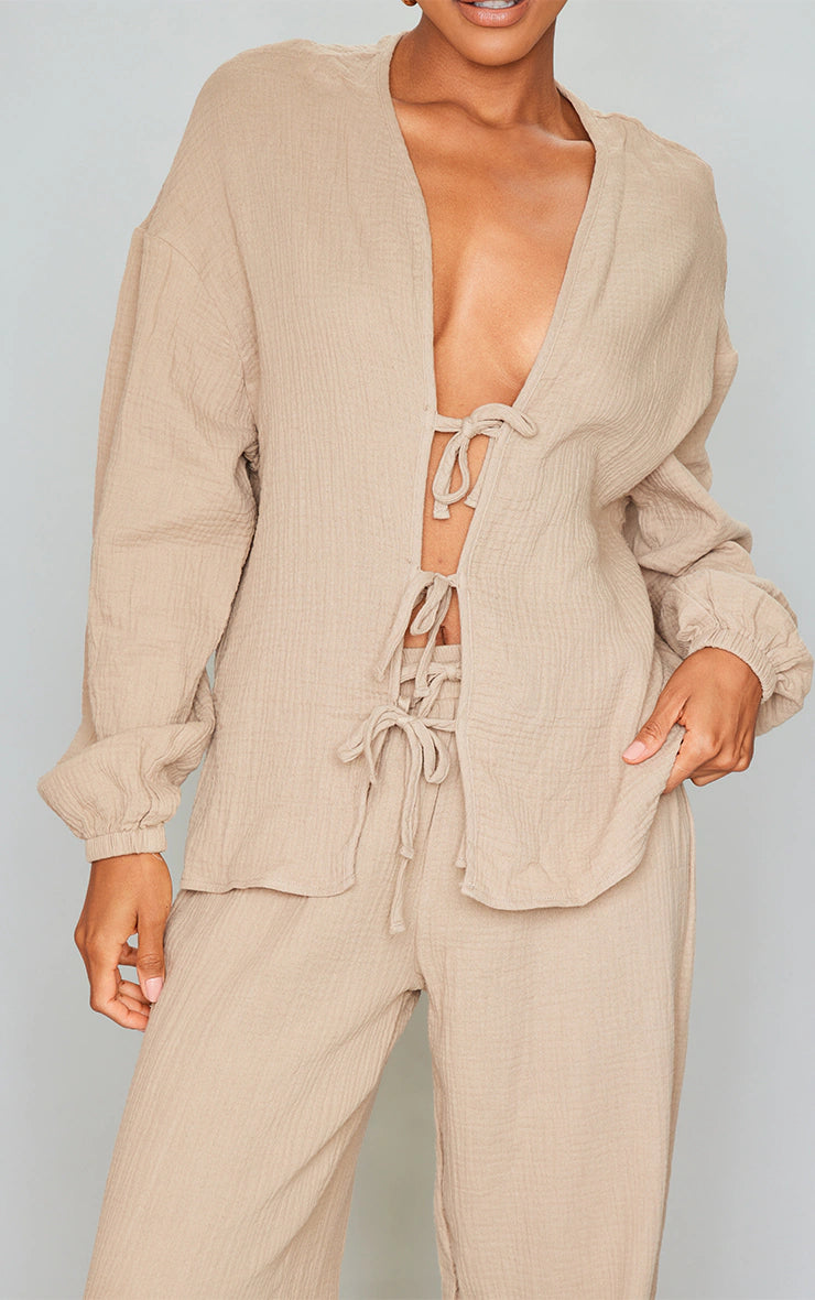 PRETTY LITTLE THING STONE TEXTURED CHEESECLOTH TIE FRONT SHIRT