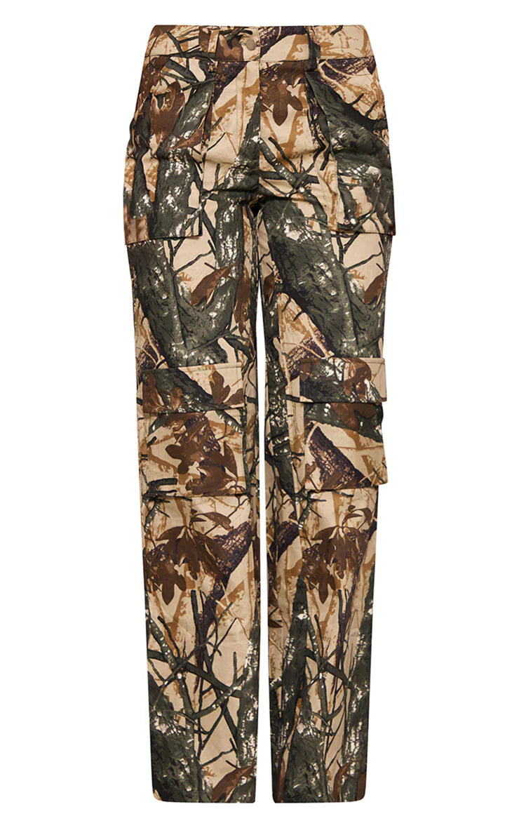 PRETTY LITTLE THING KHAKI ABSTRACT CAMO PRINTED TWILL POCKET DETAIL HIGH WAIST CARGO TROUSERS