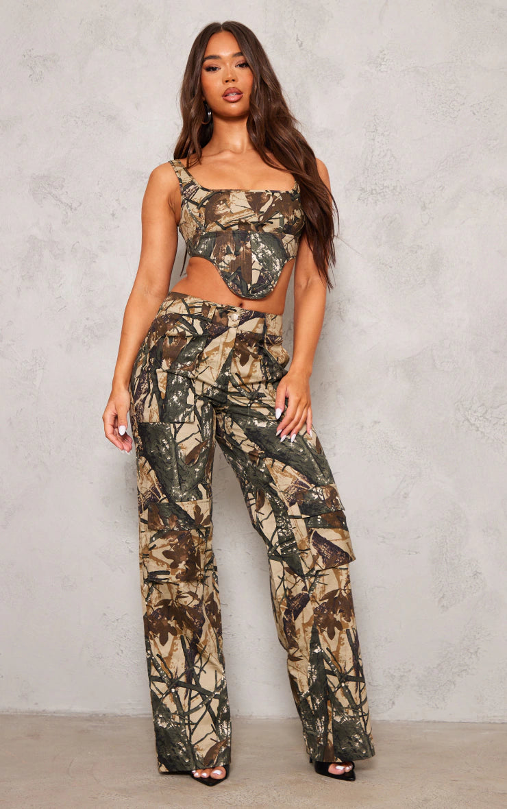 PRETTY LITTLE THING KHAKI ABSTRACT CAMO PRINTED TWILL DIP HEM STRUCTURED CARGO CORSET