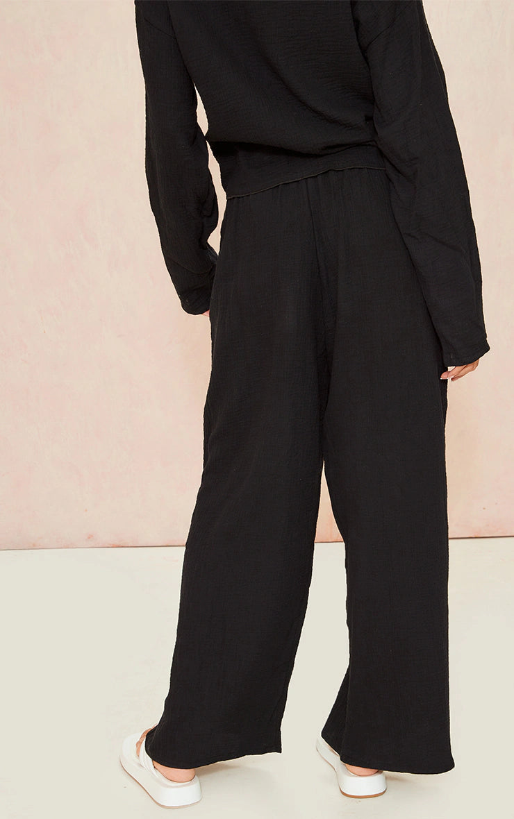 PRETTY LITTLE THING BLACK TEXTURED CHEESECLOTH HIGH WAIST WIDE LEG TROUSERS