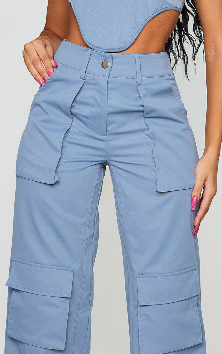 PRETTY LITTLE THING BLUE WASHED TWILL POCKET DETAIL HIGH WAIST CARGO TROUSERS