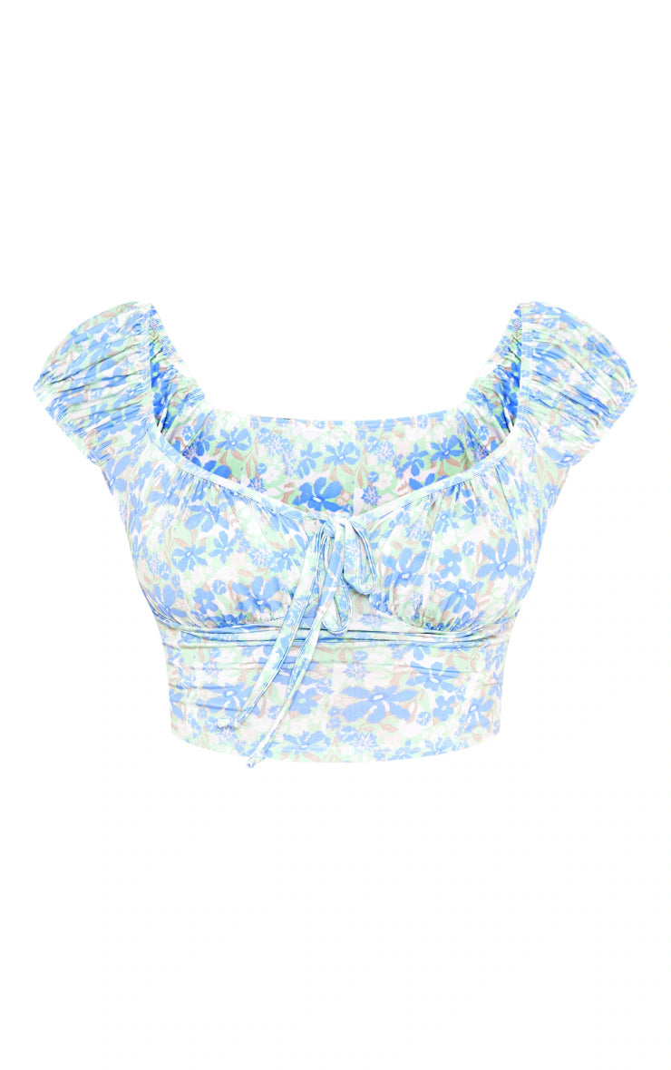 PRETTY LITTLE THING BLUE DITSY FLORAL PRINT SLINKY RUCHED BUST TOP