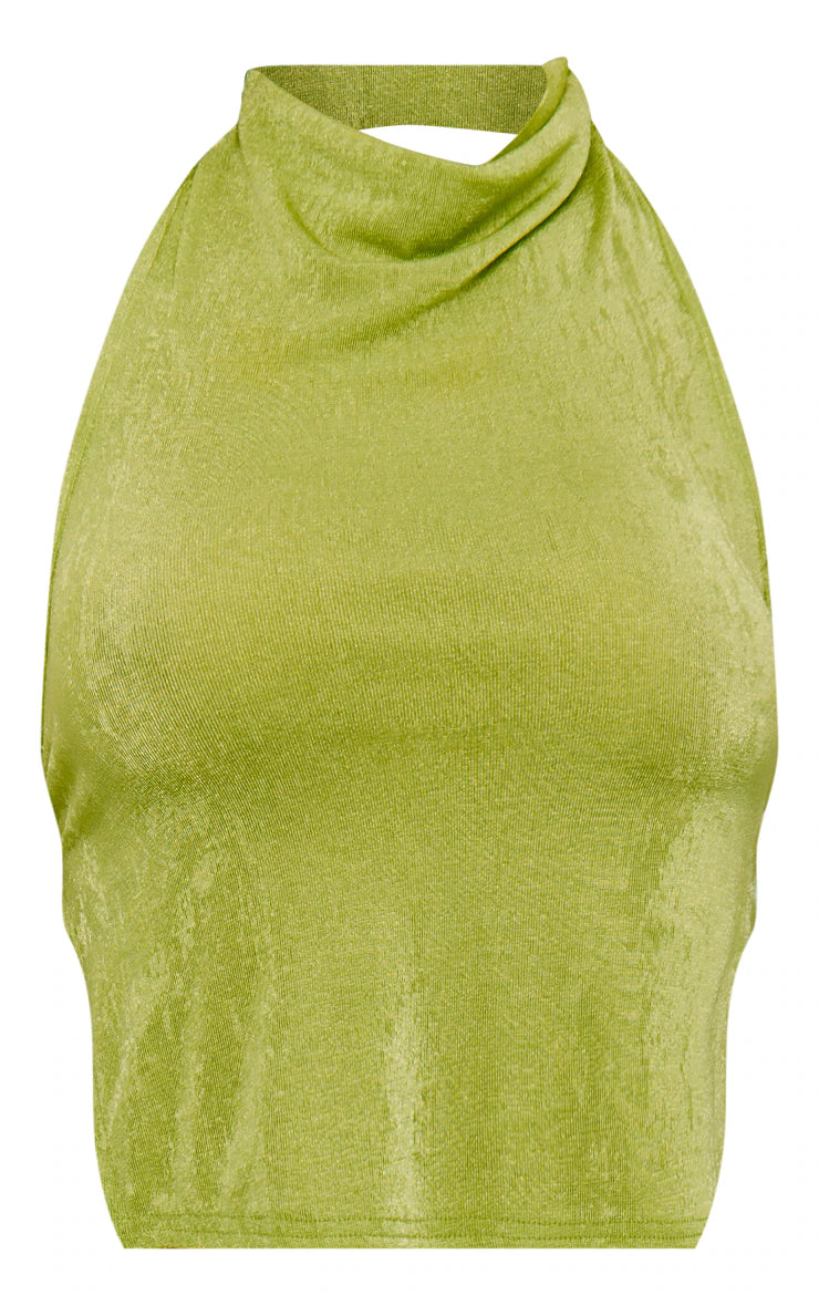 PRETTY LITTLE THING CHARTREUSE ACETATE SLINKY HIGH NECK OPEN BACK TOP