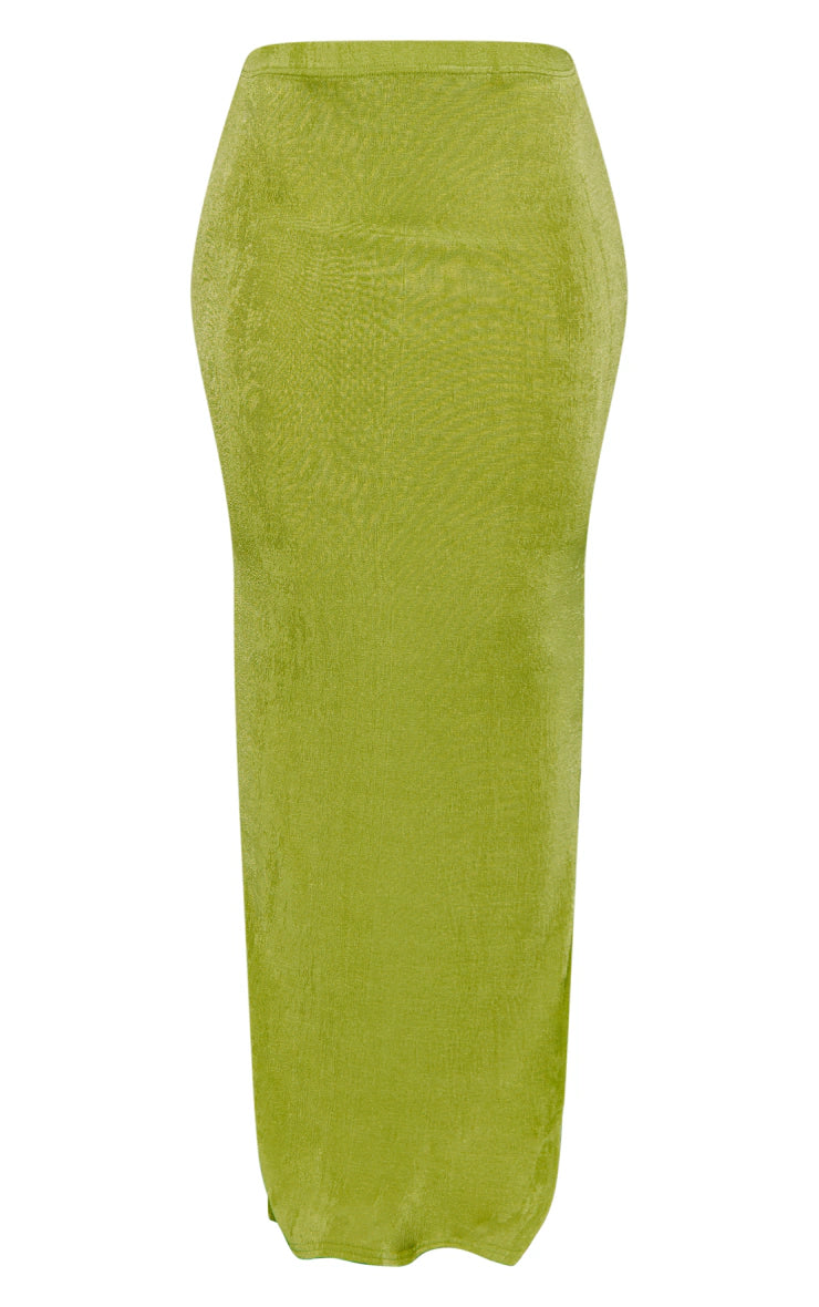 PRETTY LITTLE THING CHARTREUSE ACETATE SLINKY LOW RISE MAXI SKIRT