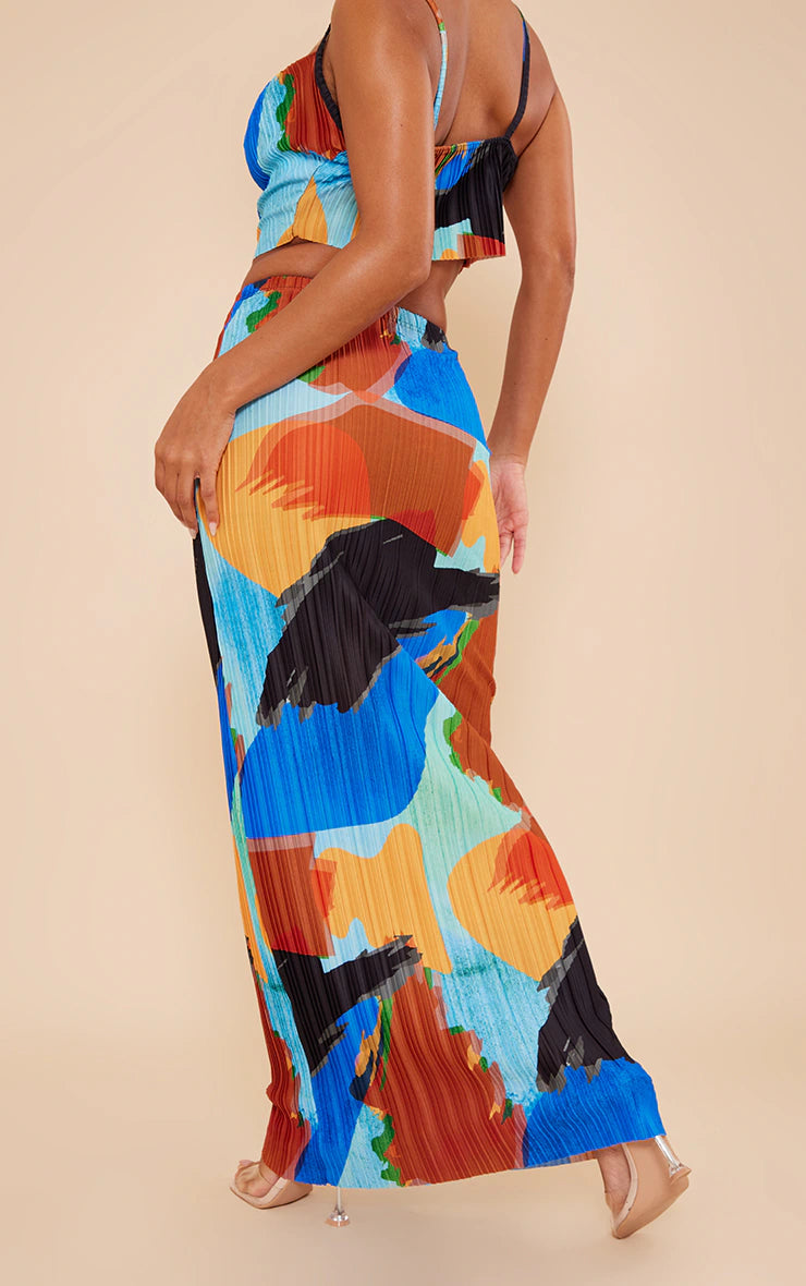 PRETTY LITTLE THING BLUE ABSTRACT PRINT PLISSE MAXI SKIRT