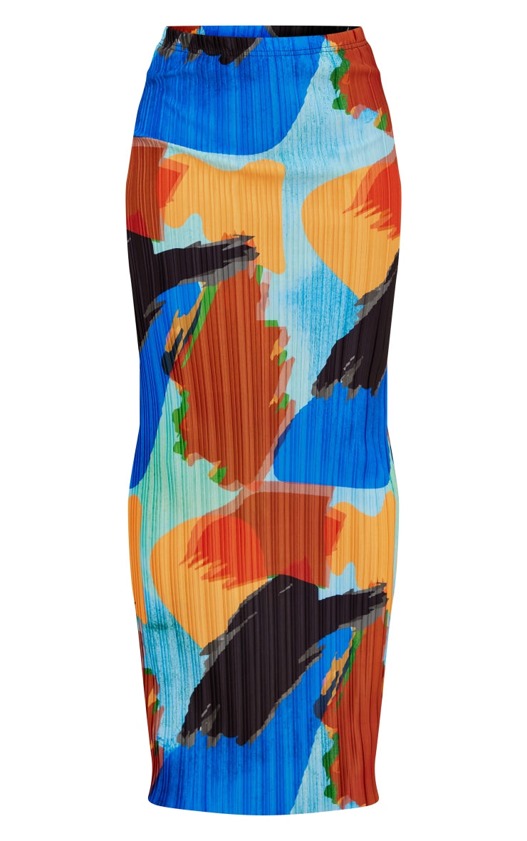 PRETTY LITTLE THING BLUE ABSTRACT PRINT PLISSE MAXI SKIRT
