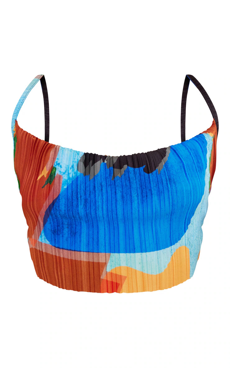 PRETTY LITTLE THING BLUE ABSTRACT PRINT PLISSE STRAPPY COWL NECK TOP