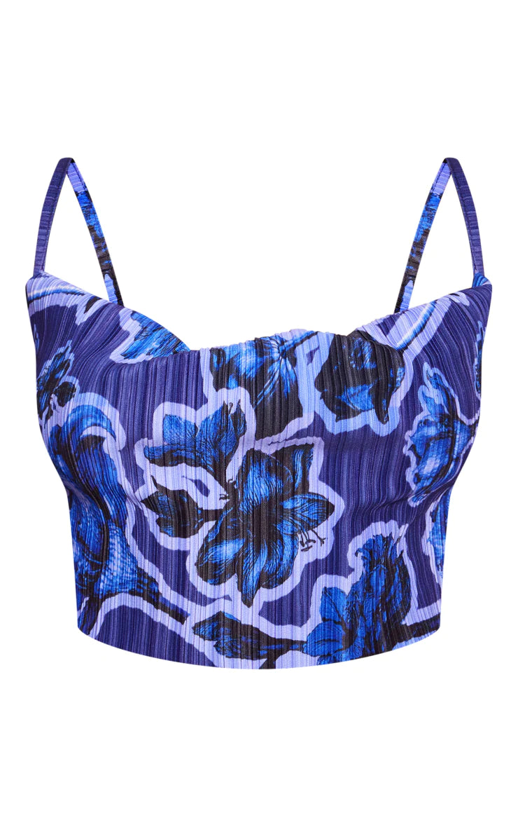 PRETTY LITTLE THING BLUE ABSTRACT PRINT PLISSE STRAPPY COWL NECK TOP