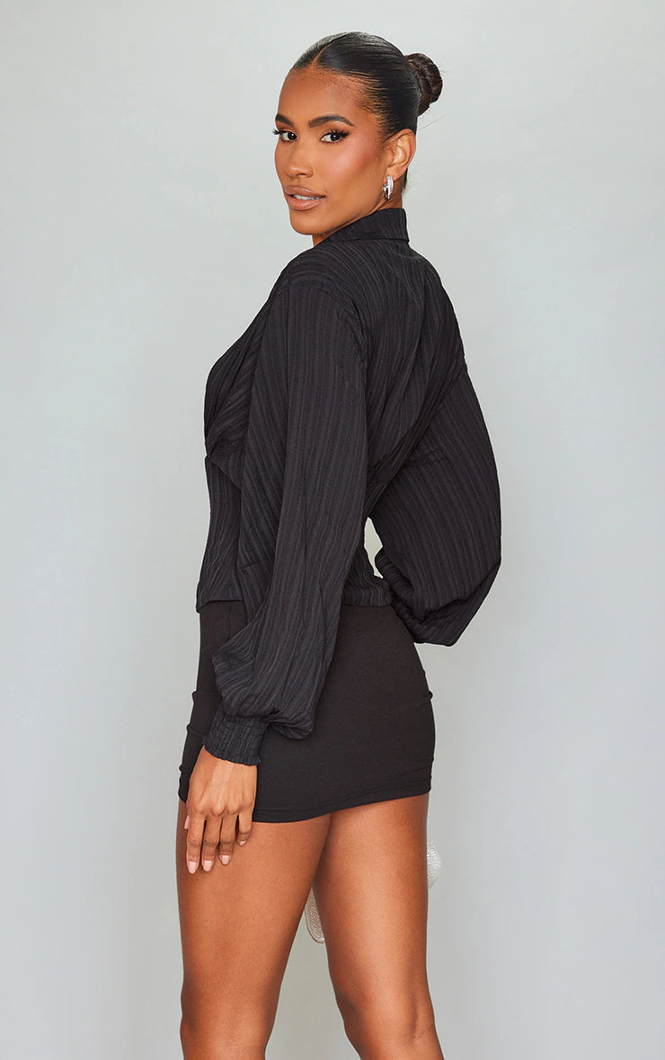 PRETTY LITTLE THING BLACK TEXTURED WOVEN BONED FITTED SHIRT