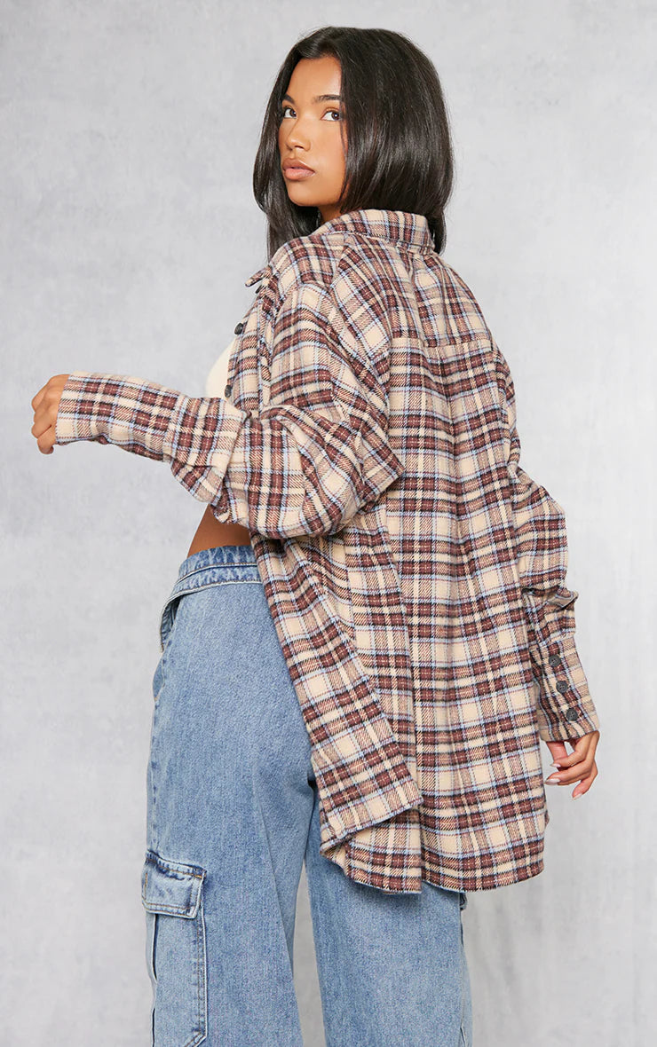 PRETTY LITTLE THING BROWN OVERSIZED FLANNEL SHIRT