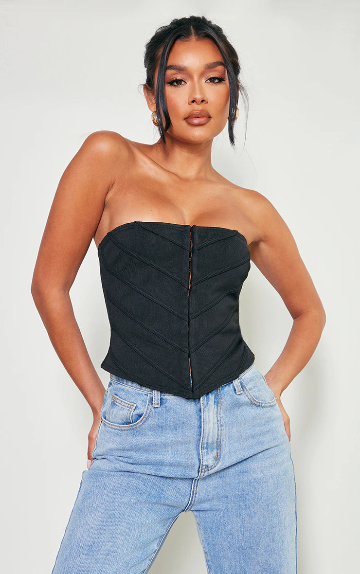 PRETTY LITTLE THING BLACK BANDAGE STRUCTURED PANELLED HOOK & EYE CORSET