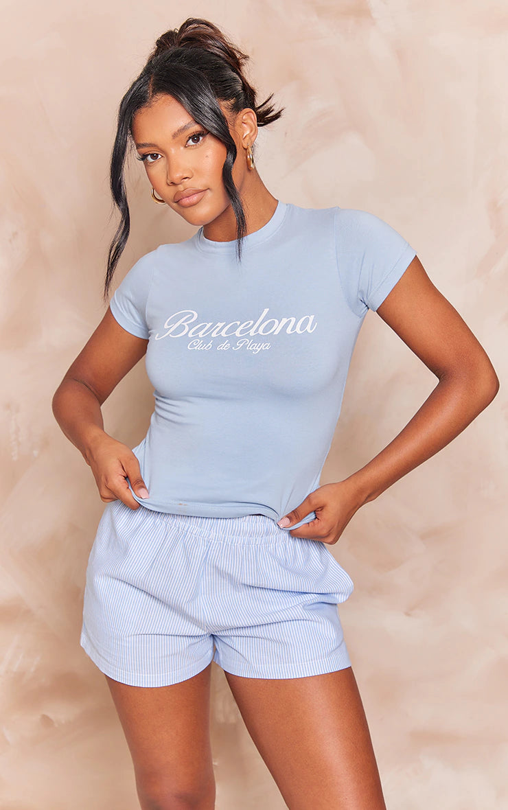PRETTY LITTLE THING BLUE BARCELONA PRINTED FITTED LONG T SHIRT