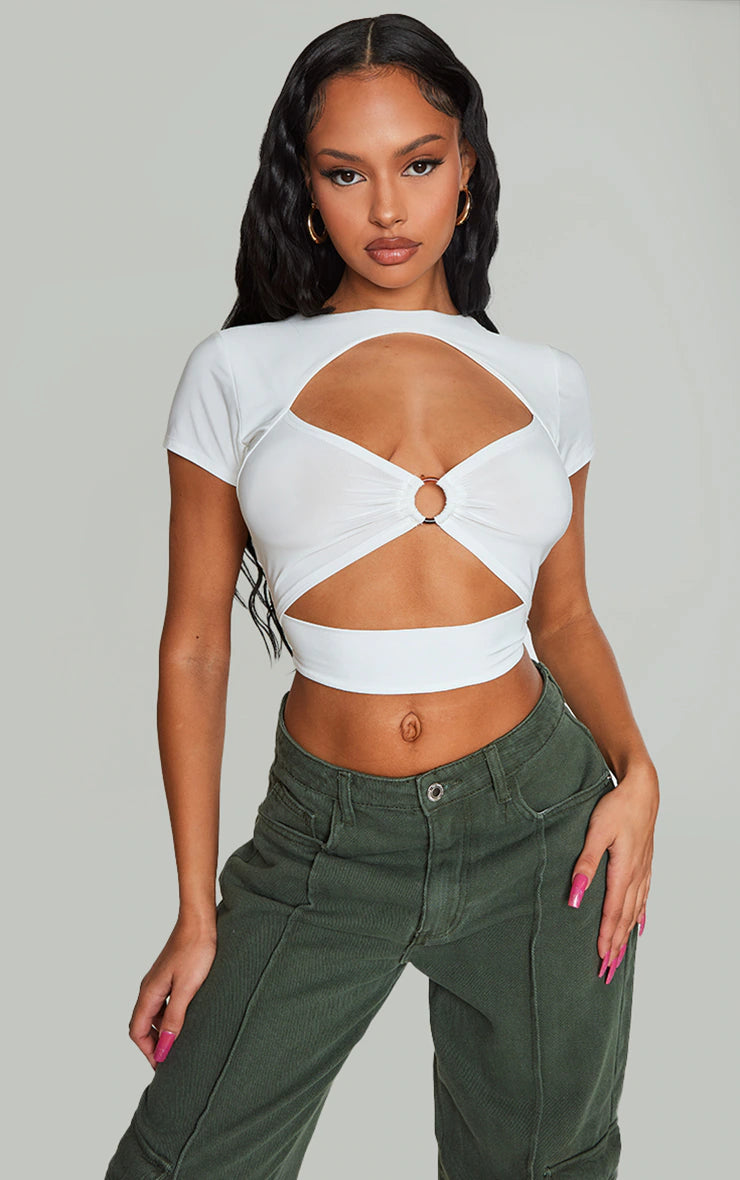 PRETTY LITTLE THING BLACK SLINKY RING DETAIL CUT OUT CROP TOP