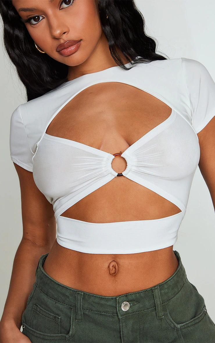 PRETTY LITTLE THING BLACK SLINKY RING DETAIL CUT OUT CROP TOP
