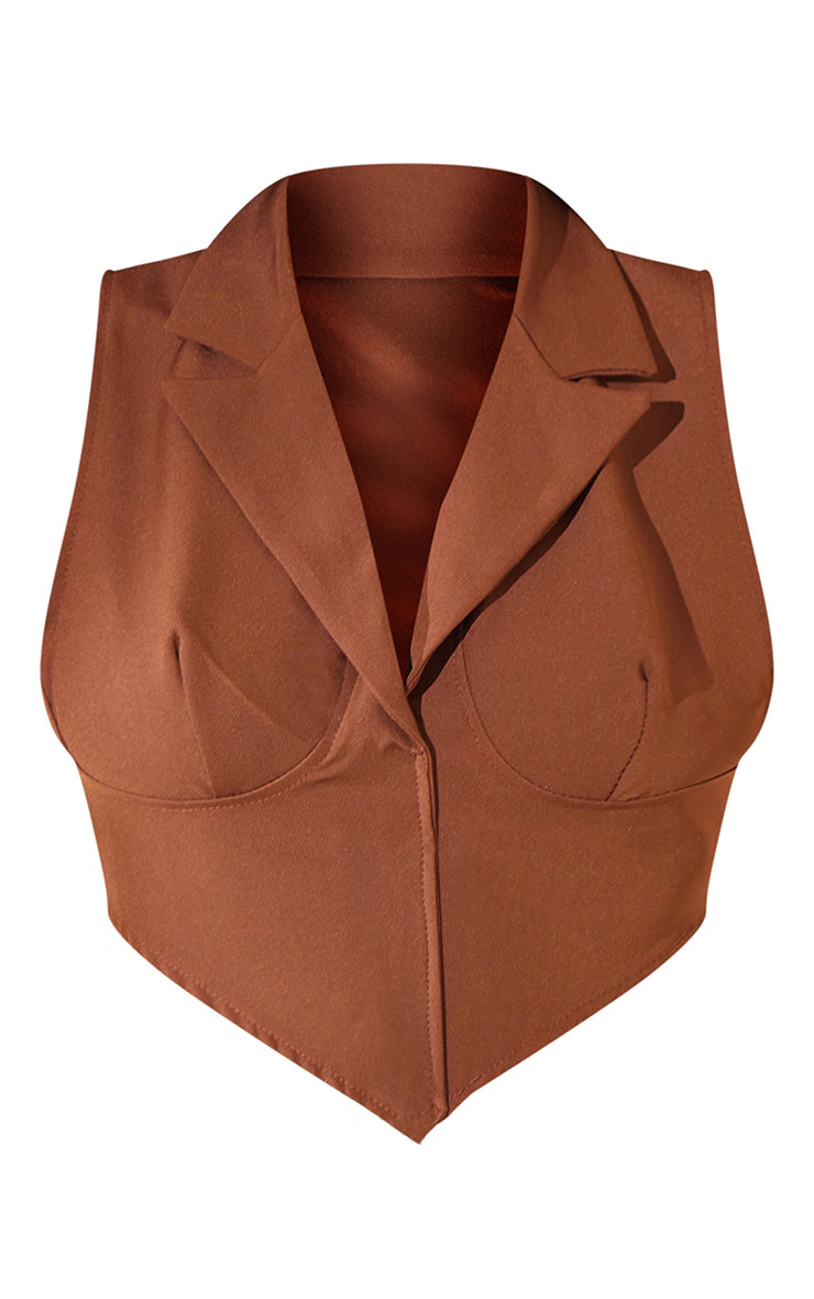 PRETTY LITTLE THING CHOCOLATE BUST CUP CROP WAISTCOAT