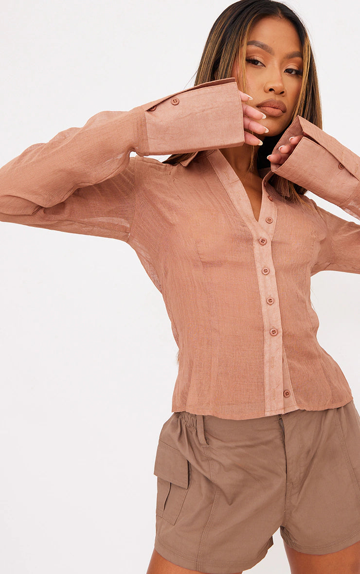 PRETTY LITTLE THING TERRACOTTA SHEER TEXTURED FITTED SHIRT