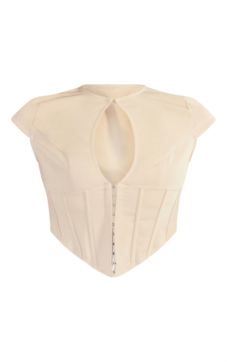 PRETTY LITTLE THING WHITE WOVEN KEYHOLE CUT OUT CAP SLEEVE CORSET