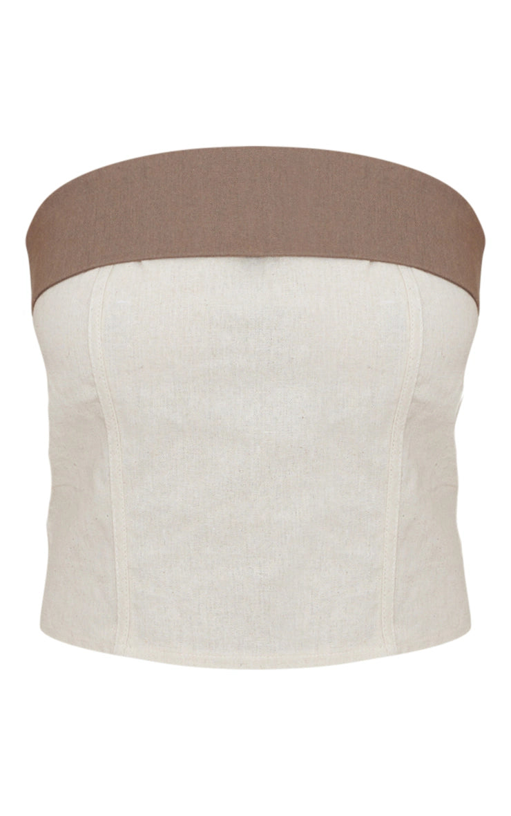 PRETTY LITTLE THING CREAM FOLD OVER LINEN FEEL BANDEAU TOP