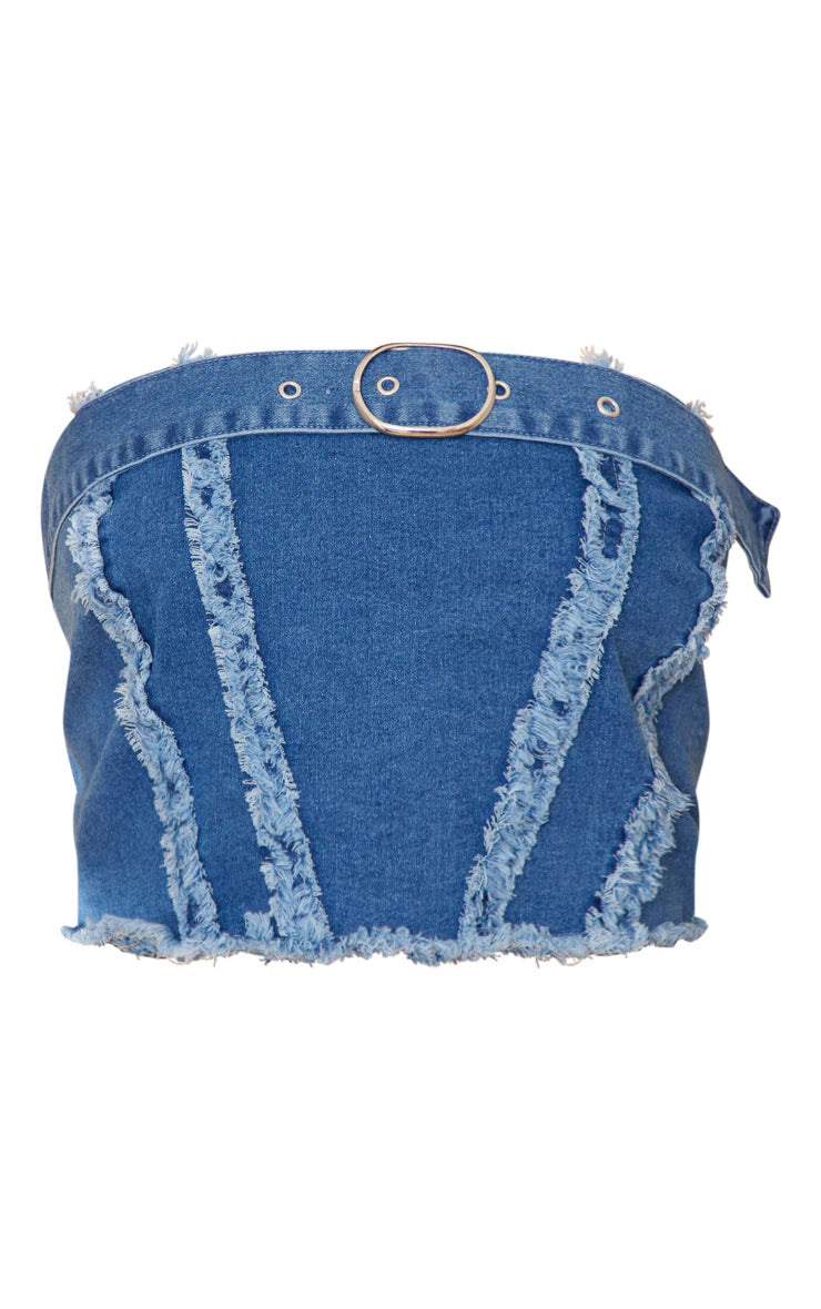 PRETTY LITTLE THING MID BLUE WASH DISTRESSED SEAM DETAIL BELTED DENIM BANDEAU TOP