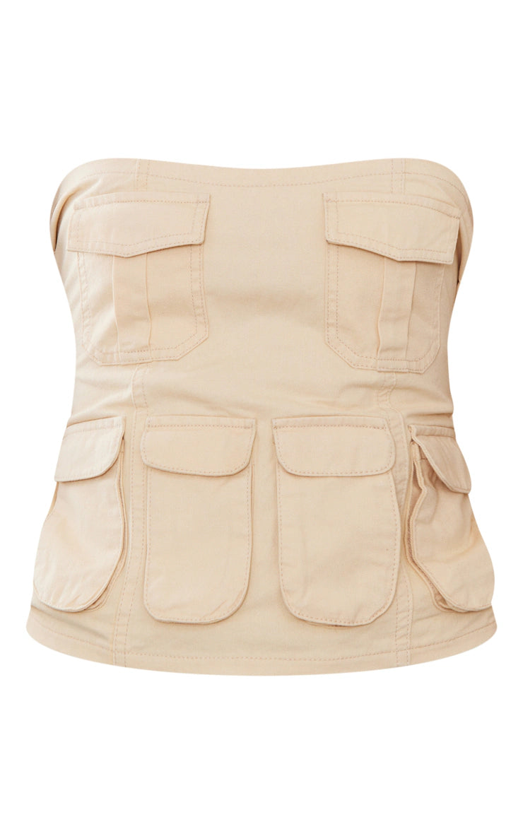 PRETTY LITTLE THING ALL BEIGE CARGO POCKET DETAIL CORSET TOP