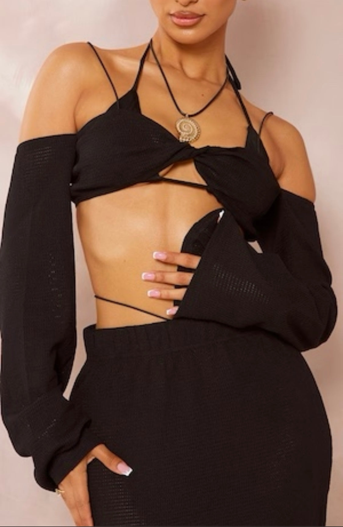 PRETTY LITTLE THING BLACK TEXTURED STRAP DETAIL OFF THE SHOULDER BEACH TOP