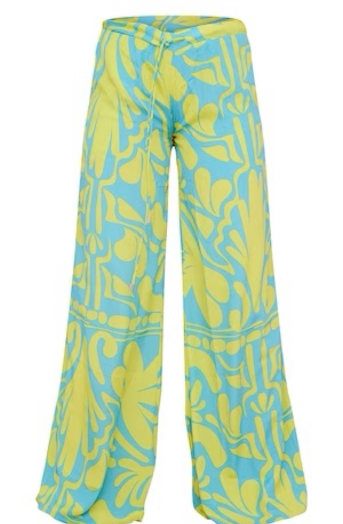 PRETTY LITTLE THING BLUE ABSTRACT FLORAL SATIN LOW RISE WIDE LEG TROUSERS