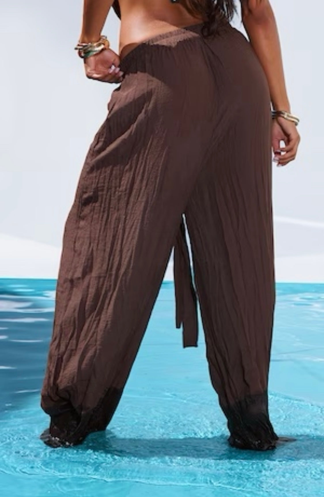 PRETTY LITTLE THING STONE LINEN LOOK PALAZZO BEACH TROUSERS