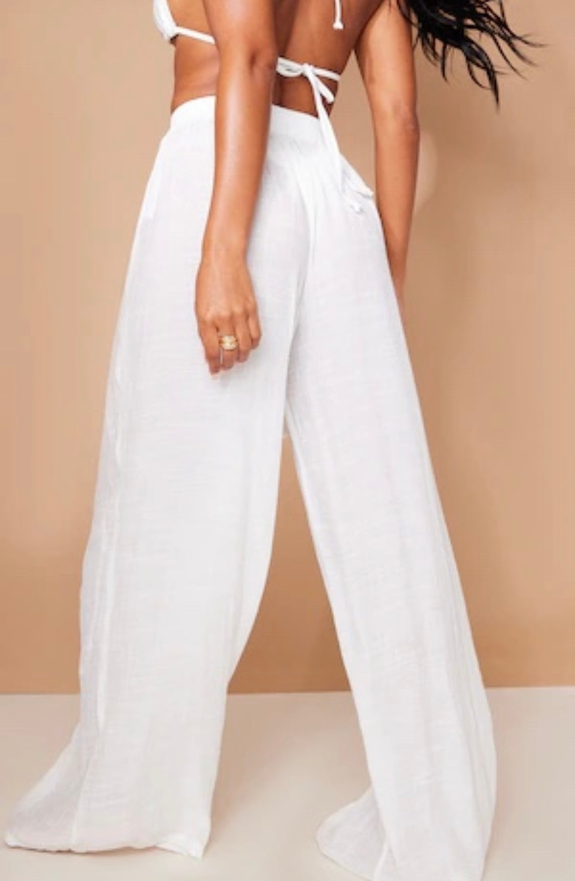 PRETTY LITTLE THING STONE LINEN LOOK PALAZZO BEACH TROUSERS