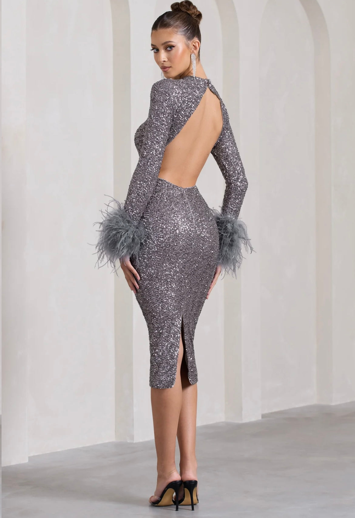 CLUB LONDON SILVER SEQUIN LONG-SLEEVED MIDI DRESS WITH FEATHER CUFFS