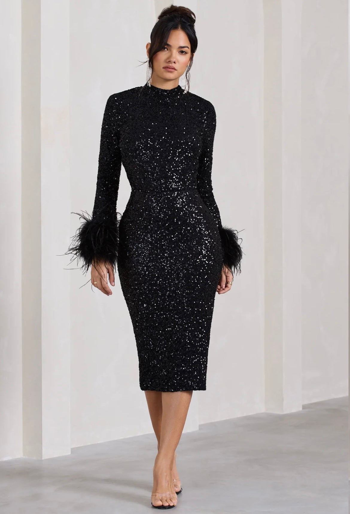 CLUB LONDON SILVER SEQUIN LONG-SLEEVED MIDI DRESS WITH FEATHER CUFFS