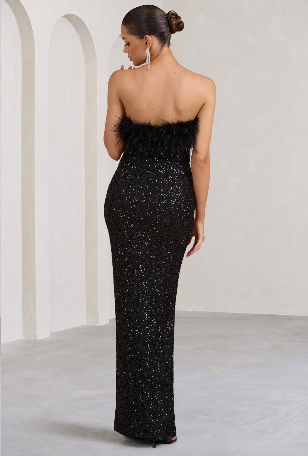 CLUB LONDON BLACK BODYCON SEQUIN MAXI DRESS WITH FEATHER TRIM