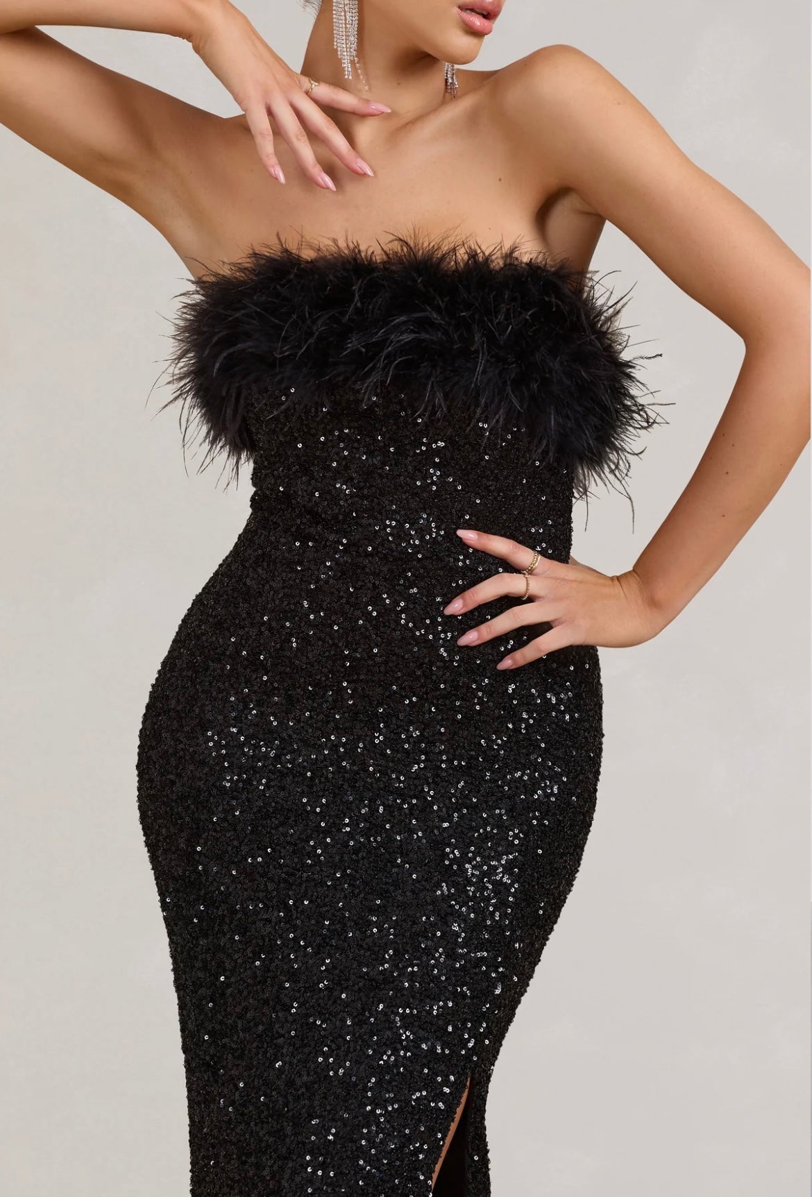 CLUB LONDON BLACK BODYCON SEQUIN MAXI DRESS WITH FEATHER TRIM