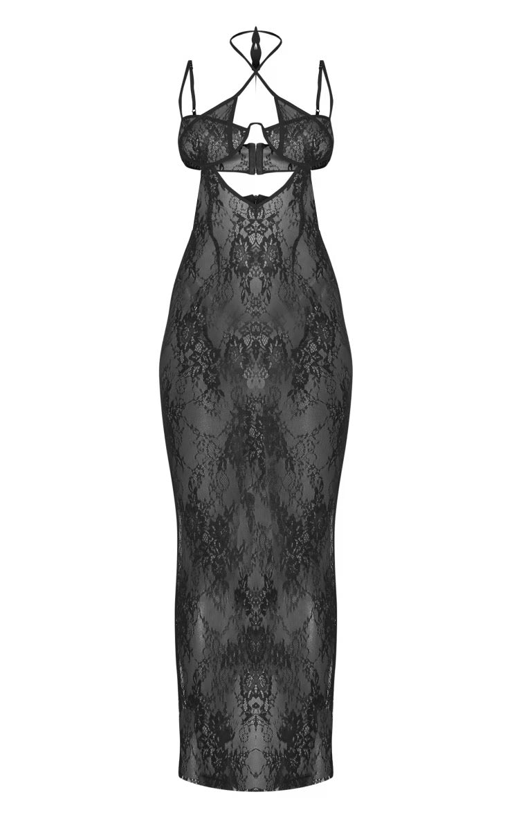PRETTY LITTLE THING BLACK SHEER CONTRAST LACE CUT OUT DETAIL MAXI DRESS