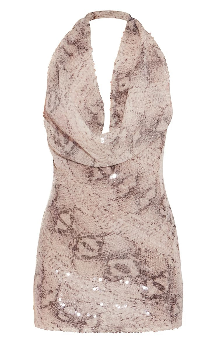 PRETTY LITTLE THING SILVER SNAKE SEQUIN COWL BODYCON DRESS